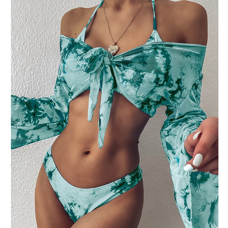 Сексуальный леопардовый комплект бикини из трех предметов с длинным рукавом и