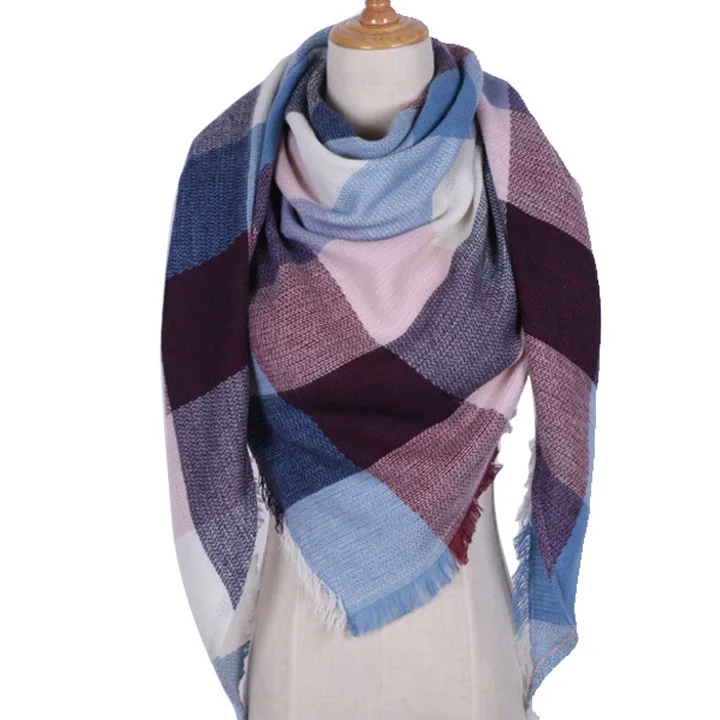 Зимний треугольный шарф для женщин, клетчатый теплый кашемировый шарф, шали и палантины, роскошная брендовая бандана для шеи, платок из пашмины - Цвет: 8