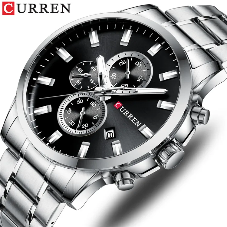CURREN Chronograph Mens Watches Top Brand Luxury Business Watch Men Clock Relogio Masculino Waterproof Quartz Blue Wristwatch - Цвет: Silver black