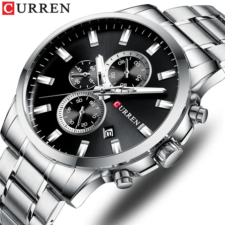 Silver black CURREN Топ часы мужские брендовые кварцевые роскошные модные мужские часы Стальные водонепроницаемые спортивные наручные часы хронограф Relogio Masculino - Цвет: Silver black