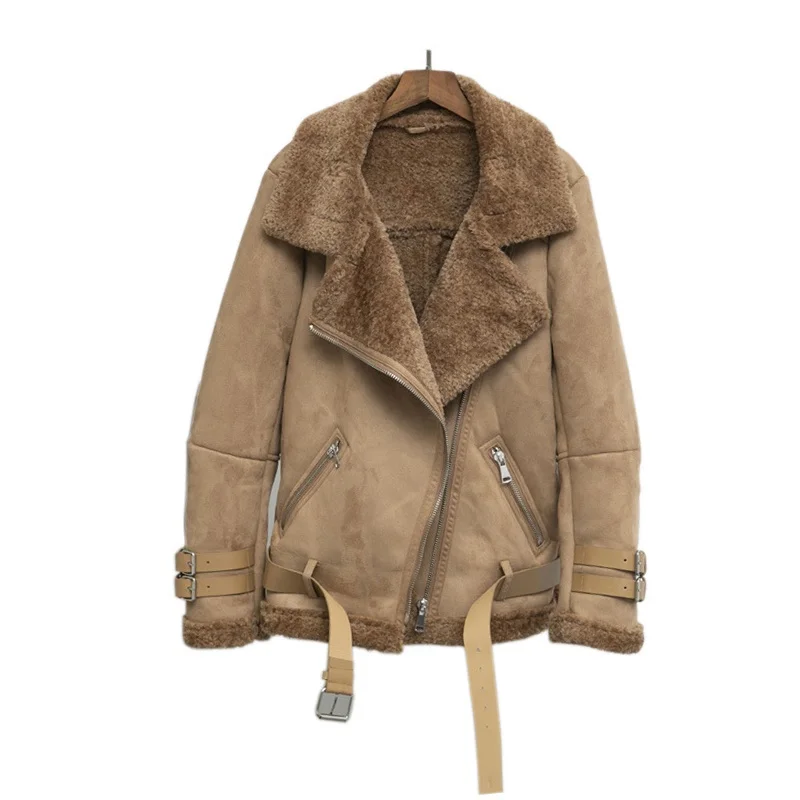 

Women Suede Jacket Fur Coat Loose Thick Warm Faux Sheepskin Coat New Winter Motorcycle Lambs Fur one Female Fur jacket Outerwear