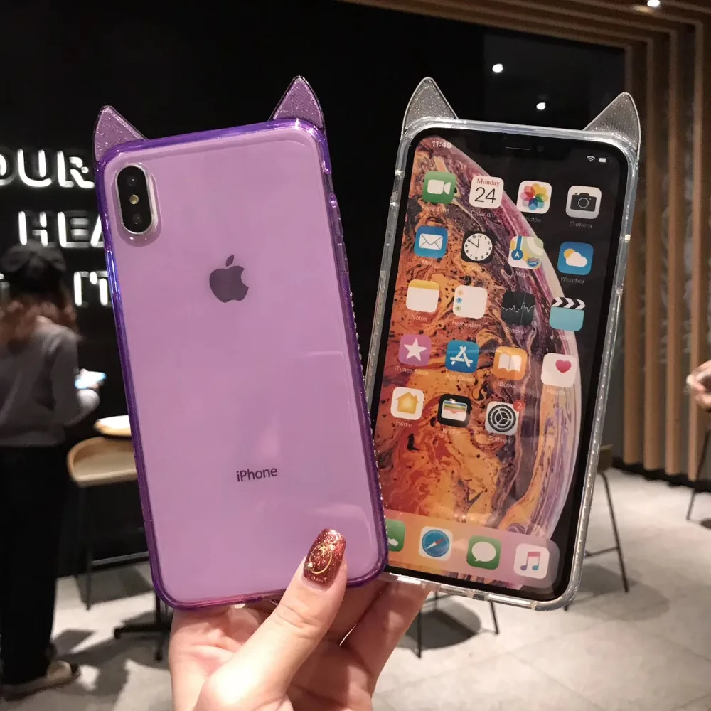 

Luxury Bling Diamond Cute Cat Ears Transparent Phone Case For iPhone 6 6s 7 8 Plus X XR Clear Soft TPU Case For iPhone XS Max