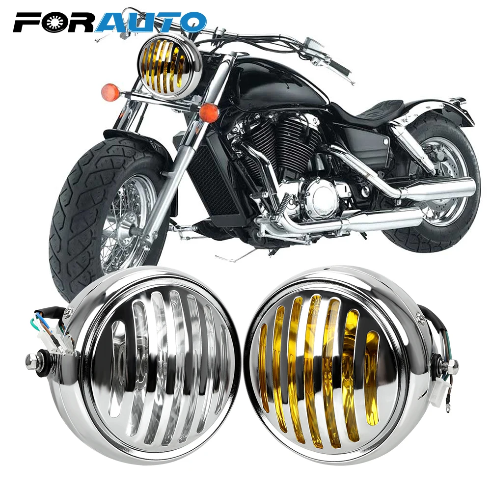 

FORAUTO DC 12V Motorcycle Grill Headlight Round Lamp Motorbike Retro Headlights Universal Car Styling Front Light