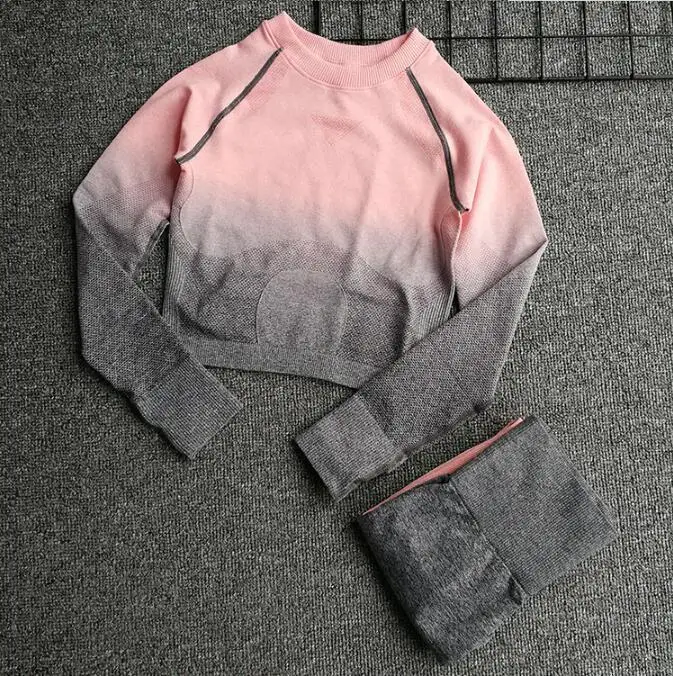 Dark pink et Женский бесшовный комплект для йоги, для спортзала, высокая талия, лосины, футболки, топ, костюм с длинным рукавом, фитнес, тренировки, спорт, набор спортивной одежды для бега - Цвет: Dark pink et