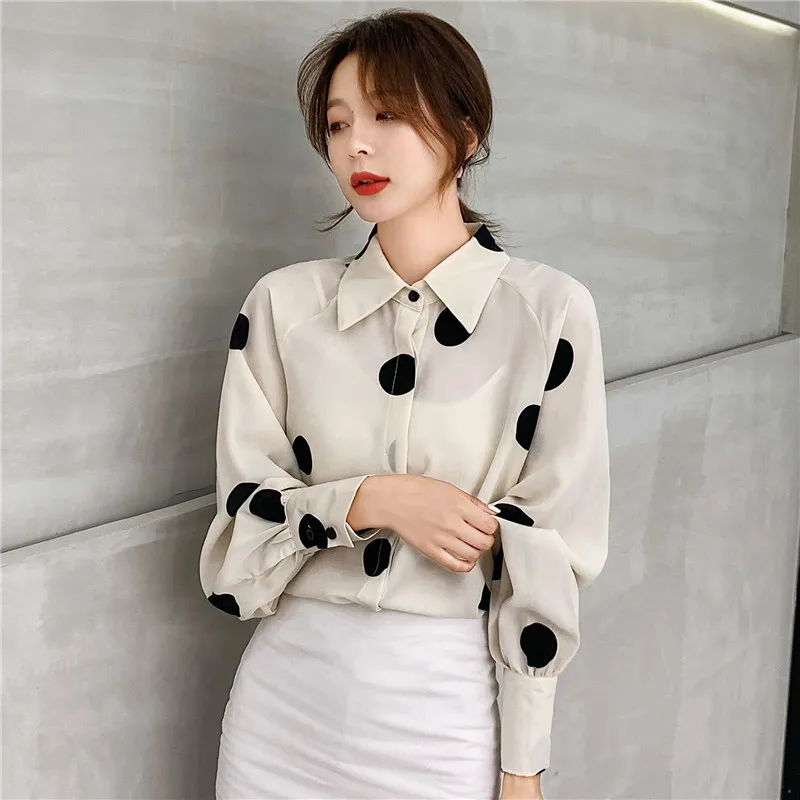 

COIGARSAM Korea Style Polka Dot Shirt Womens tops New Spring Office Lady Full Sleeve Chiffon Women shirts Black Apricot 612