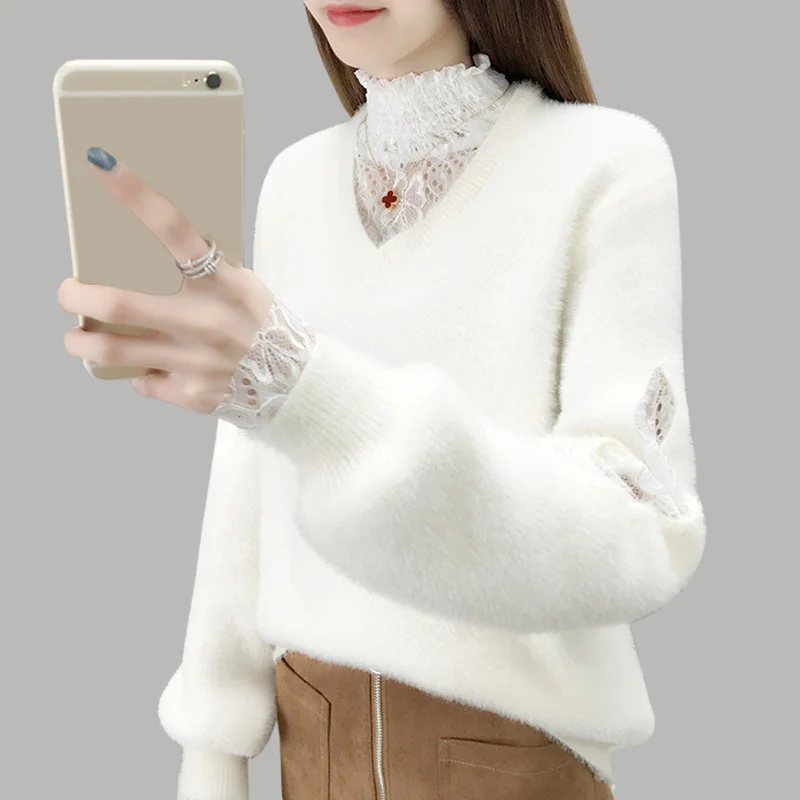 

Women Pullovers 2019 Autumn And Winter new Casual Lace Sweaters fashion Knitted V-Neck Sweaters Tops women