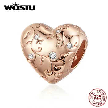 

WOSTU 925 Sterling Silver Flower Retro Patterns Heart Beads Rose Gold Charm Fit Original Bracelet Pendant DIY Jewelry DXC1323-C