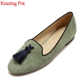 

Krazing Pot new kid suede handmade high quality round toe low heel brand shoes women tassel decorations sweet modern pumps L8f1