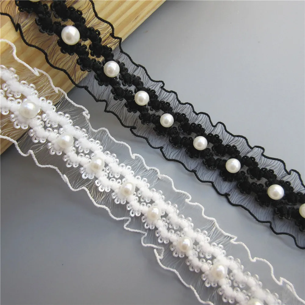 1 Yards White/black Pearl Beaded Elastic Lace Trim Tape Ribbon Fabric Collar Dress Sewing Garment Headdress Materials 25mm | Дом и сад