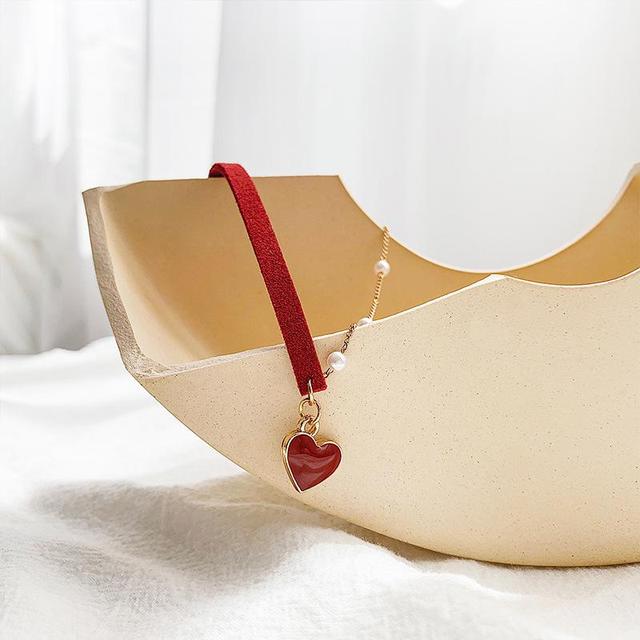 Short Small Red Heart Simple Temperament Net Red Love Necklace Pearl Chain Necklace Red Rope Necklace Women Wedding Jewelry