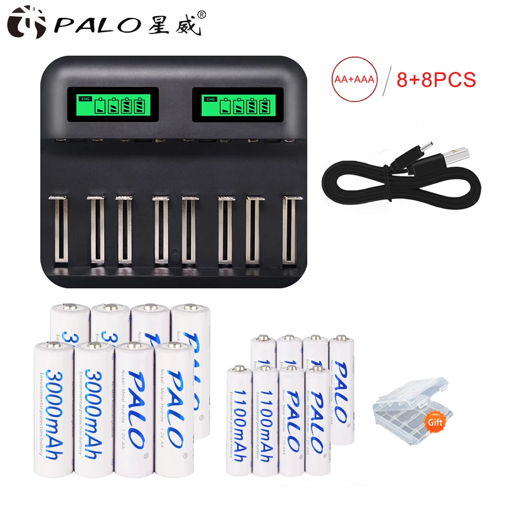PALO USB Смарт быстрое зарядное устройство с ЖК-дисплеем для AA AAA C D Размер батареи+ 8-16 шт AA/AAA перезаряжаемые батареи