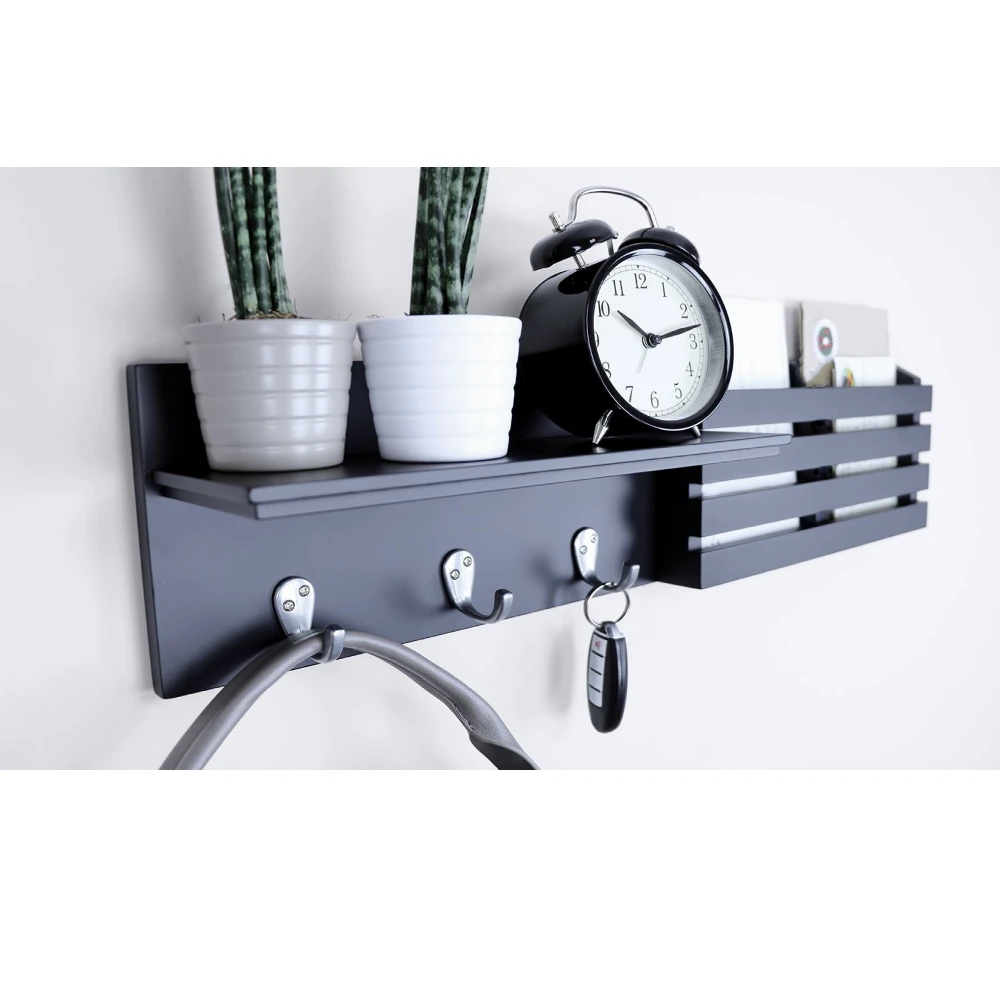 

Wall Shelf and Mail Holder with 3 Hooks, 24-Inch by 6-Inch, Black JA55