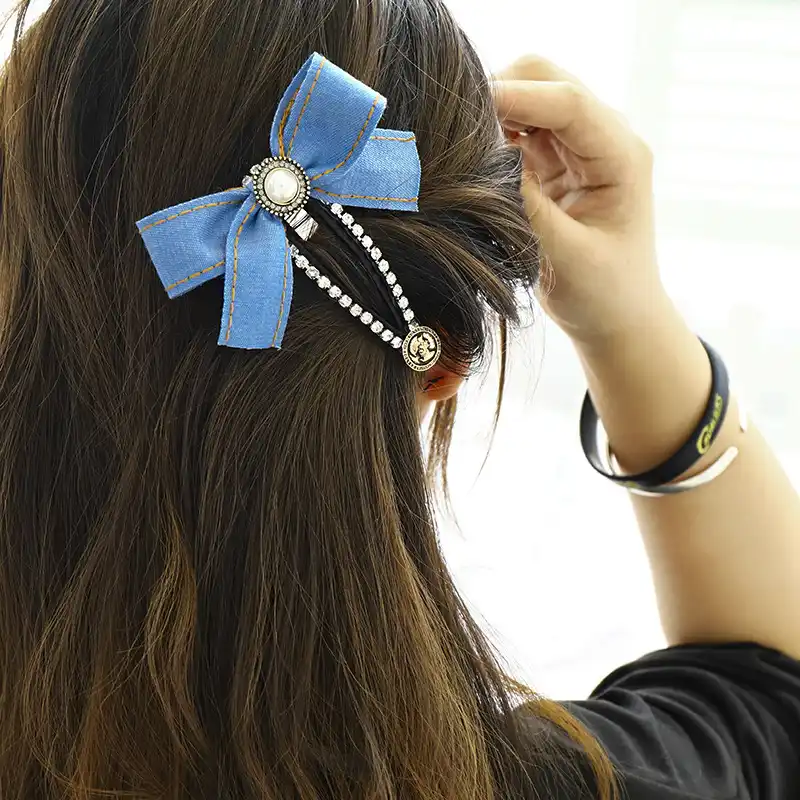 ヴィンテージデニム布弓ラインストーンパールヘアピン女性女の子ヘアアクセサリーgumkiはwlosowかわいいアクセサリー レディース ヘアアクセサリー Aliexpress
