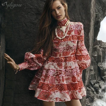 

Ailigou Print Lantern Long Sleeve Dress High Collar High Waist Women's Mini Dress 2020 Summer Fashion New