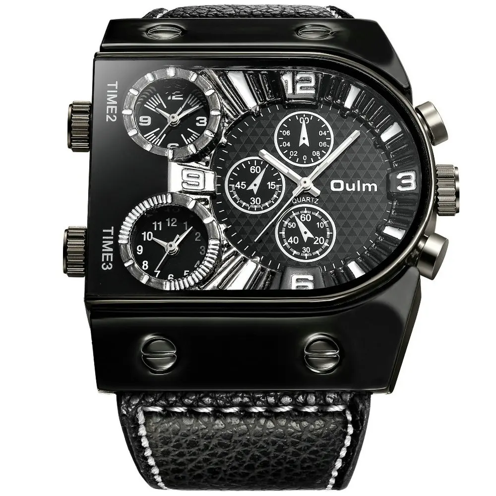Goede OULM Sport Horloge Mannen Quartz Analoge Klok 3 Tijdzone Sub wijzerplaten Ontwerp Grote case Oversize Fashion Zwart Pols horloges relogio