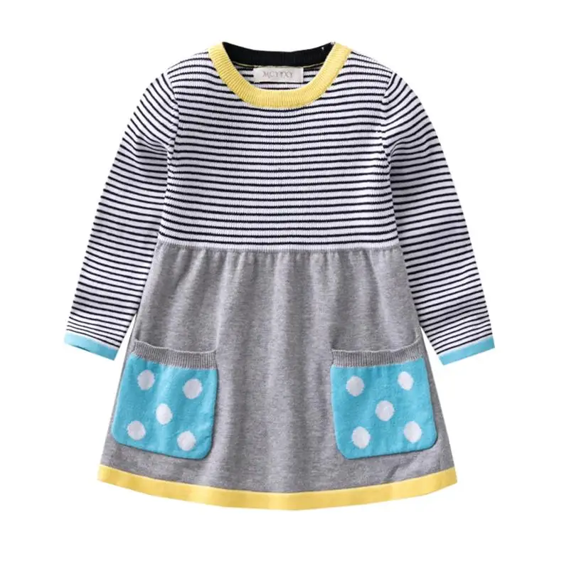 New Toddler Clothes Baby Girls Sweaters Long Sleeve Princess Casual Kid Outfit Stripe Knitted Dress With Pocket For Girl Costume - Цвет: Синий