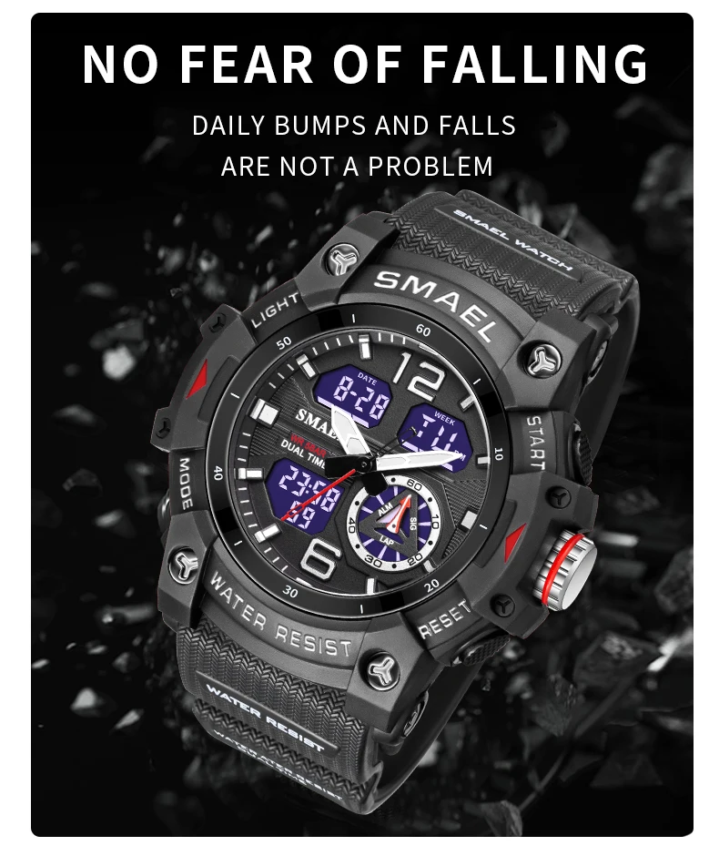 SMAEL Dual Time LED Display Watch for Men Military Sport Digital Watches Women Unisex Waterproof Auto Date Week Wristwatch 8007