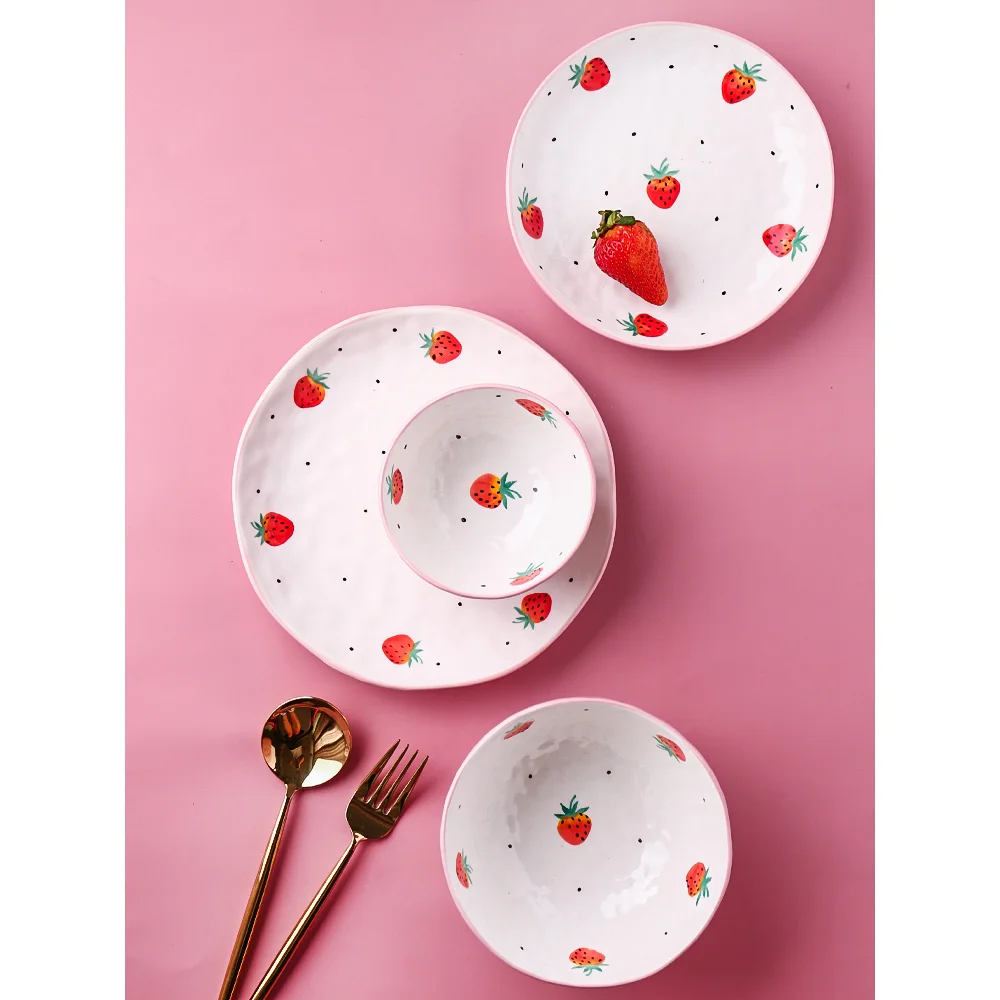 ceramic dinner plates cute girl strawberry printed dinnerware set breakfast dishes and plates sets ins cutlery tableware For cutlery set