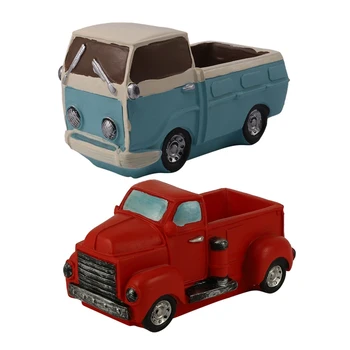 

HOT 2 Pcs Retro Truck Cars Small Potted Plant Desktop Truck Cars Ceramics Flower Pots Home Garden Decoration, Blue & Red