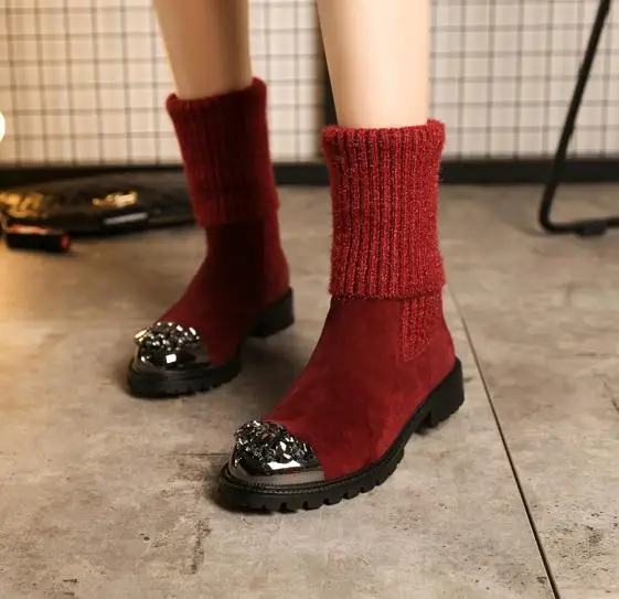 Prova Perfetto; Botas Mujer; зимние вязаные ботинки; обувь до середины икры на плоской подошве с цветными кристаллами; женские эластичные теплые слипоны; Новинка - Цвет: As Pic