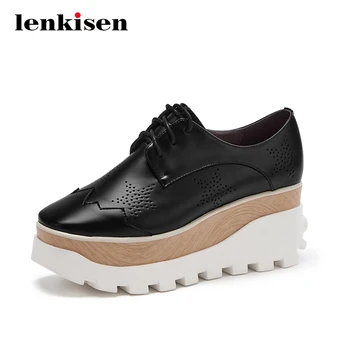

Lenkisen British school hollow breathable fashion square toe high heels thick bottom wedges waterproof lace up women pumps L11