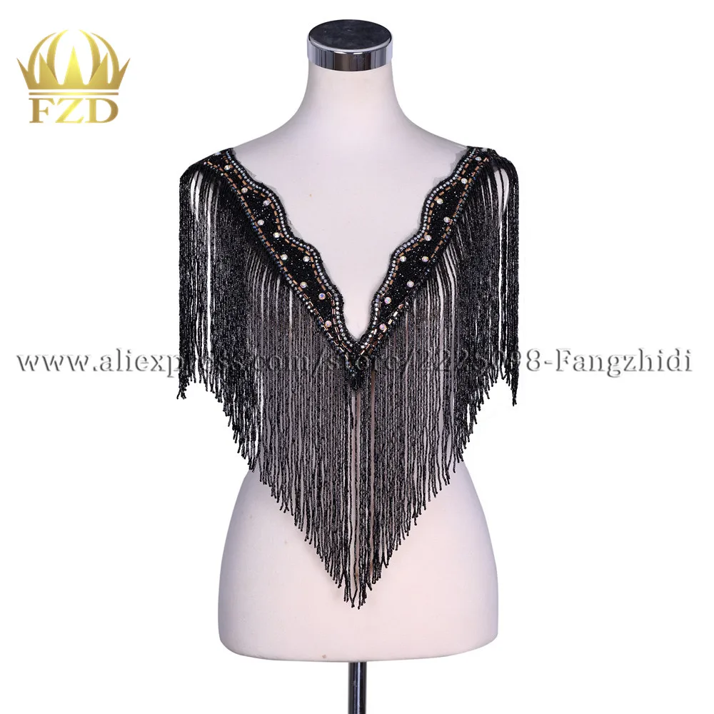 FZD 1 Set Top Bodices patches sewing rhinestone trimming black beaded Tassel applique appliques for Ball Gown Brides dress | Дом и сад