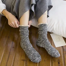 Винтажные осенне-зимние толстые хлопковые длинные женские трубчатые носки в стиле ретро Kawaii с кружевными оборками, теплые милые однотонные носки Sox