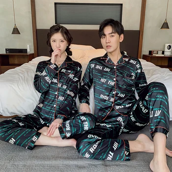 

Women Pajama Sets Silk Satin Pijama Turn-down Collar Sleepwear Lady Long Sleeve Spring Nightwear Femme 2 Pieces Sets Homewear