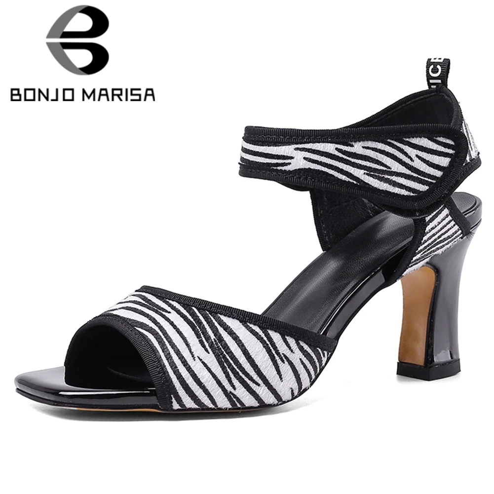 

BONJOMARISA Sexy Female Summer Sandals Genuine Leather Ankle Strap High Heels Hook Loop Party Sandals Women Casual Shoes Woman