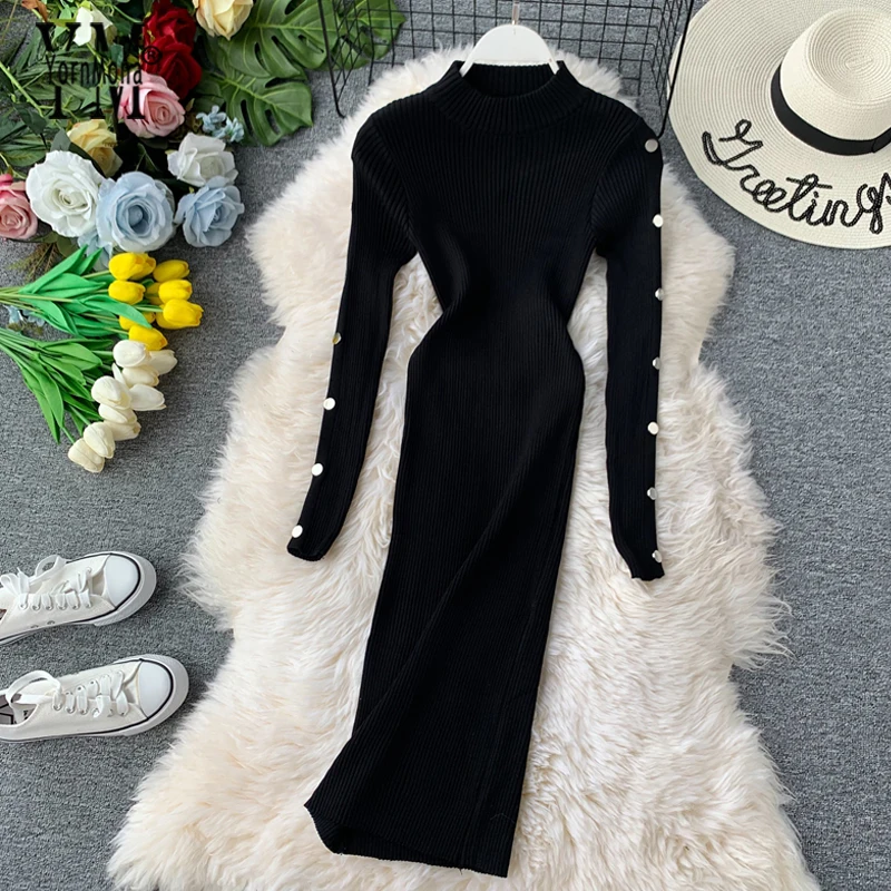 

YornMona Winter Knitted Sweater Dress Women Buttons Design Long Sleeve 2019 Autumn Black Bodycon Dress Ladies Office Work Dress