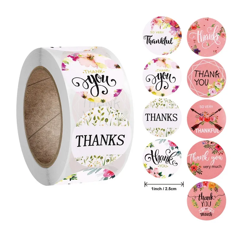 

9 Elegant Designs Circle Pink Floral Thank You Sticker 500pcs 1'' for Thanks Cards Business Packaging Pretty Gift Envelope Decor
