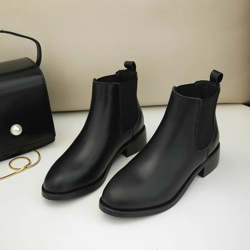 Autumn Winter 2021 Women's Boots Genuine Leather Round Toe Thick Heels Women Shoes Newest Party Casual Basic Shoes Woman