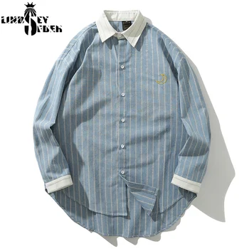 

Men's Shirt Vintage Striped False Two Pieces White Casual Longsleeve Shirts Harajuku Thin Loose Streetwear Shirts