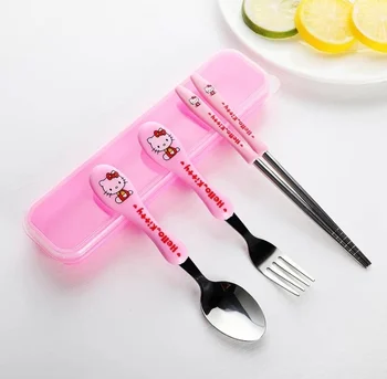 

Dinnerware Set Travel Camping Cutlery Reusable Silverware with Metal Straw Spoon Fork Chopsticks and Portable Case Hello Kitty