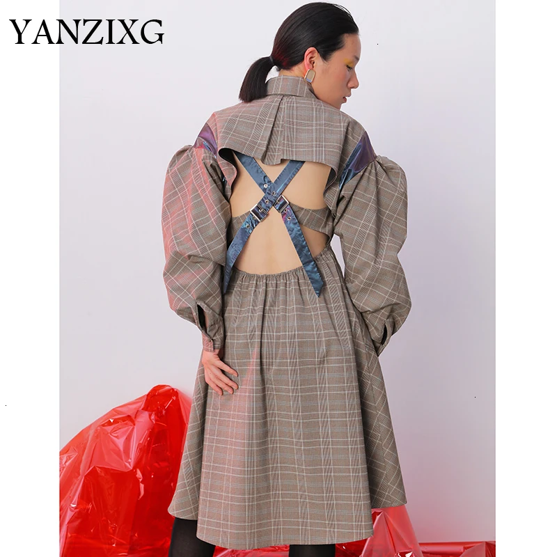 autumn and winter designs new turn-down collar sexy backless plaided lantern sleeves high waist windbreaker L205