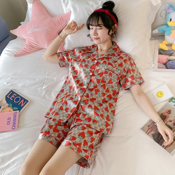 

2020 Summer Short Sleeve Silk Satin Shorts Pajama Sets for Women Print Sleepwear Suit Pyjamas Homewear Pijama Mujer Home Clothes