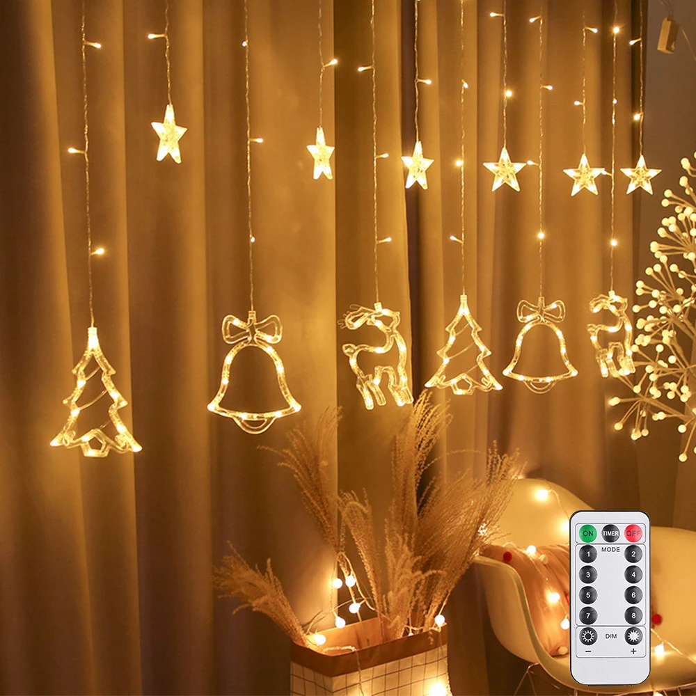 

2.5M EU/US Plug Led Christmas Tree deer bells stars Garland Fairy Curtain Light For New Year Party Bar wedding Vacation Decor