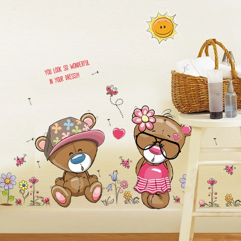 Pink couple bear  flower baby children kids bedroom decoration wall stickers kids nursery sticker girl gift