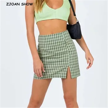 

2020 Summer Front Split Package Hips Green Red Gingham Plaid Mini Skirt Retro Women High Waist Short A line Skirts Slit Femme