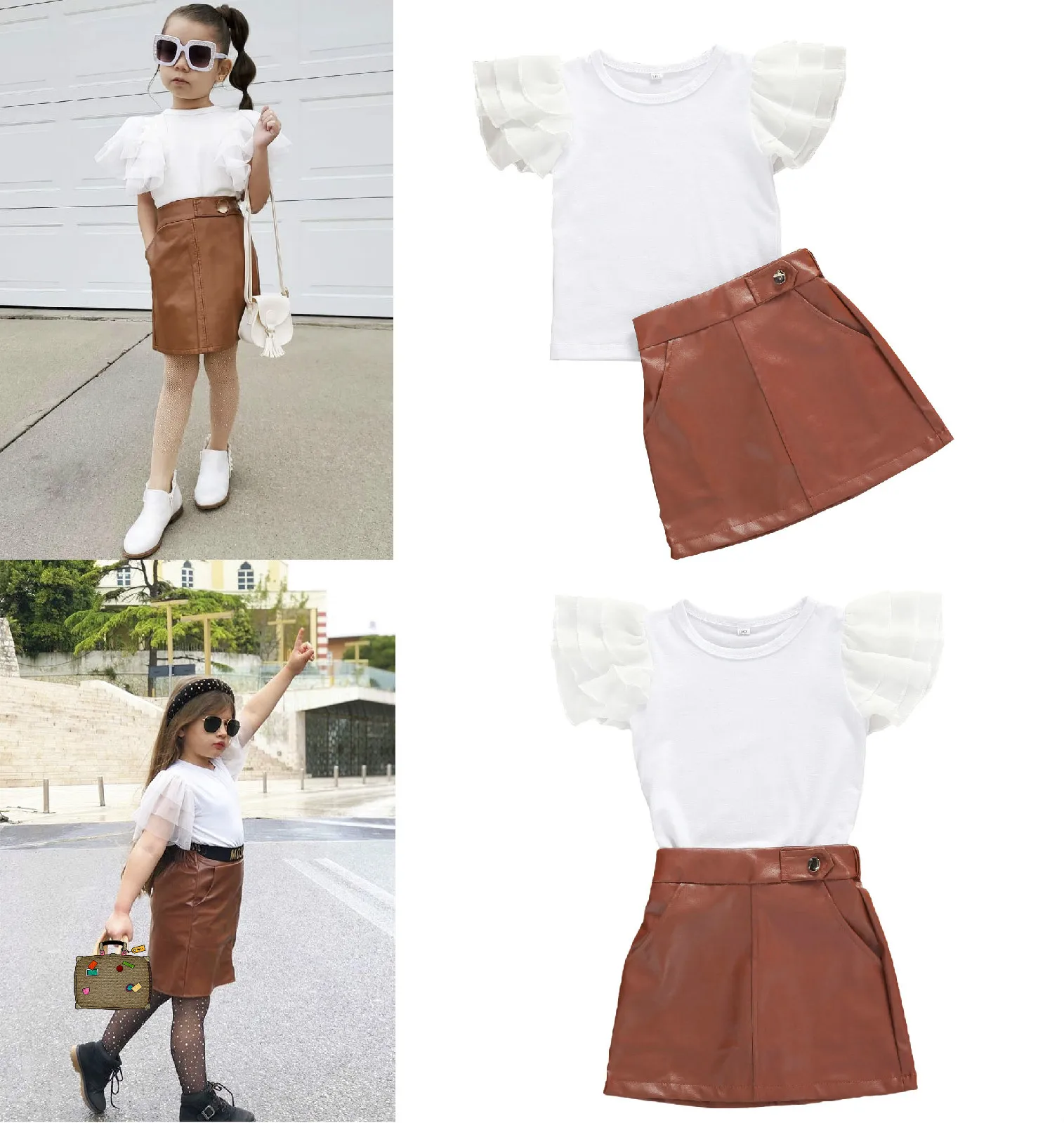 2020 Fashion Infant Baby Girls Clothes Sets Ruffles Lace Sleeve White T Shirts Tops+PU Leather Skirts 2pcs | Детская одежда и