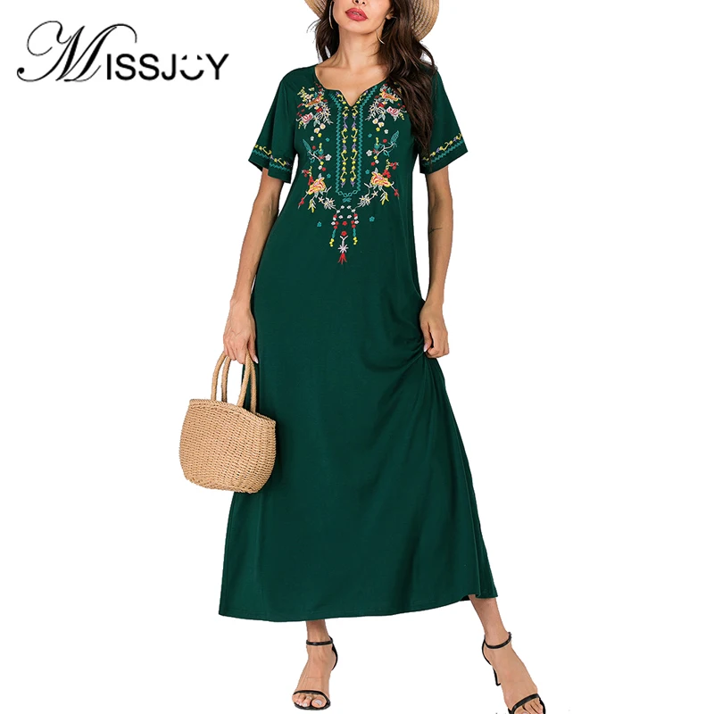 MISSJOY/Новинка года; Летние мусульманские Абайи; женские платья с вышивкой; элегантные Короткие рукава до щиколотки; свободная повседневная женская одежда; зеленый цвет