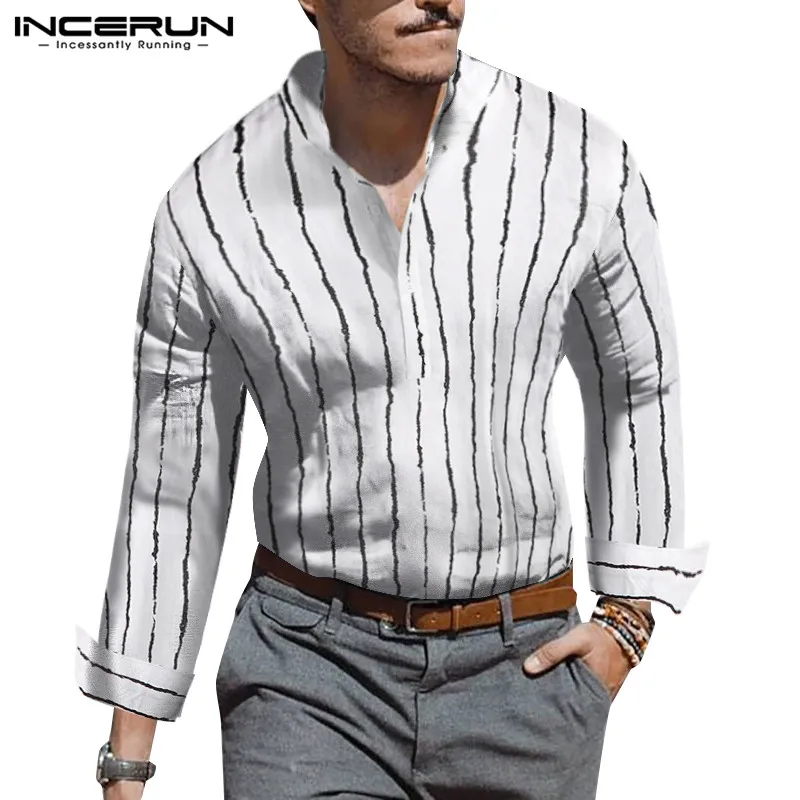 INCERUN Повседневная Базовая рубашка мужская хлопковая с длинными рукавами и стоячим воротником для отдыха уличная винтажная шикарная Мужская брендовая рубашка Camisa