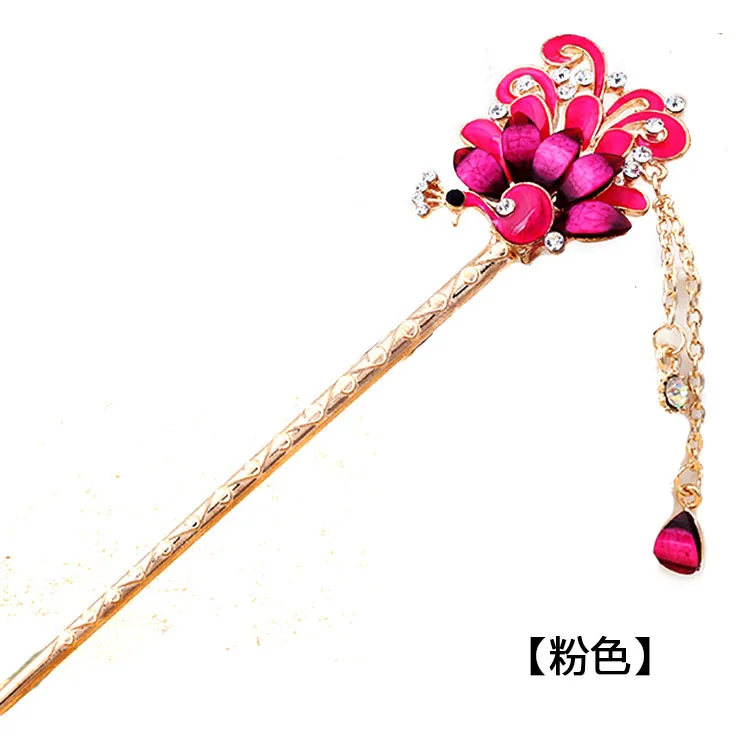 Flowers Peacock Tassels Hair Stick Step Shake Hairpins Drop Oil Vintage Hair Stick Pins for Women Girls Hair Styling Accessories