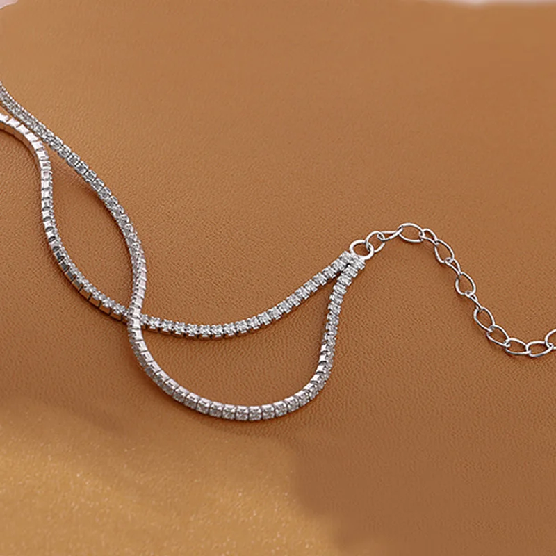 New Trendy Silver Color 925 Sterling Silver Shiny AAA Zircon Chain Choker For Women Wedding Necklace Gift Fine Jewelry NK070