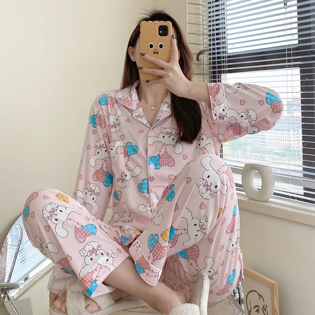 CAIYIER Winter Women Pajamas Suit Long Sleeve Trousers Lounge Lovely  Girls Cartoon Rabbit Loose Cardigan Sleepwear Homewear 2XL 1008-7