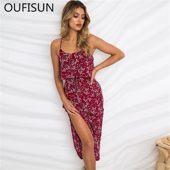 

Oufisun Summer New Spaghetti Strap Backless Sexy Dress Fashion O-neck Slim Split Long Dress Casual Print Irregular Women Dresses