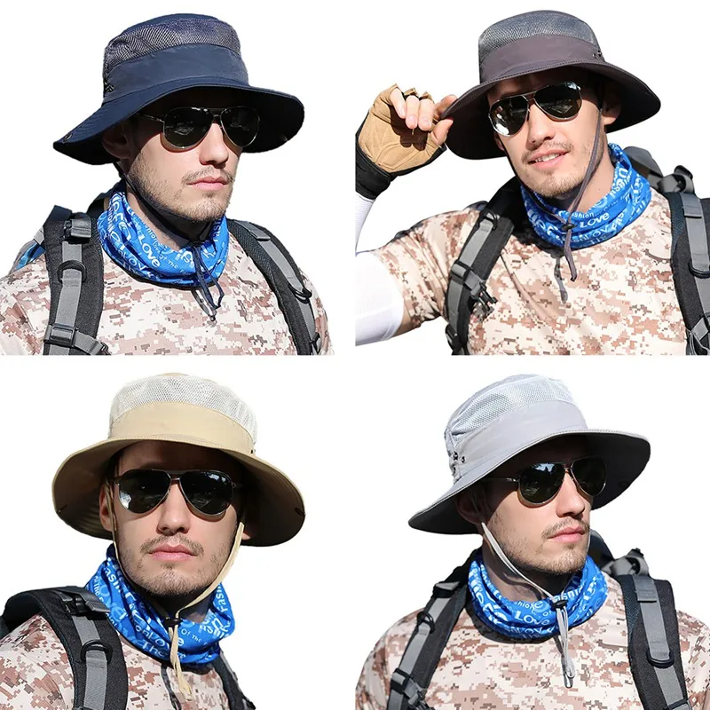 Bucket Hat Lightweight Quick Drying Folding Sunshade Outdoor Fisherman Cap With Chin String Khaki Y