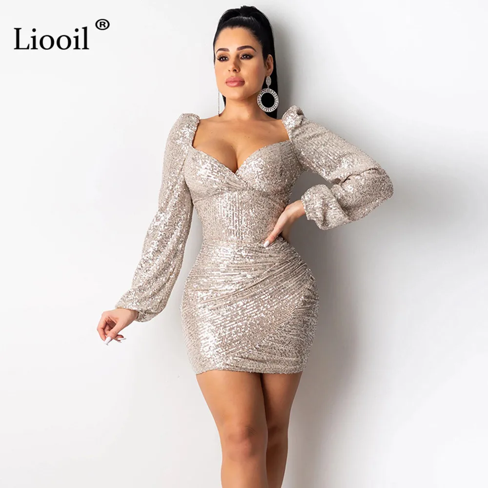 Liooil сексуальное облегающее мини-платье с блестками, женская одежда осень, облегающие короткие платья с длинным рукавом и v-образным вырезом, вечерние платья для женщин