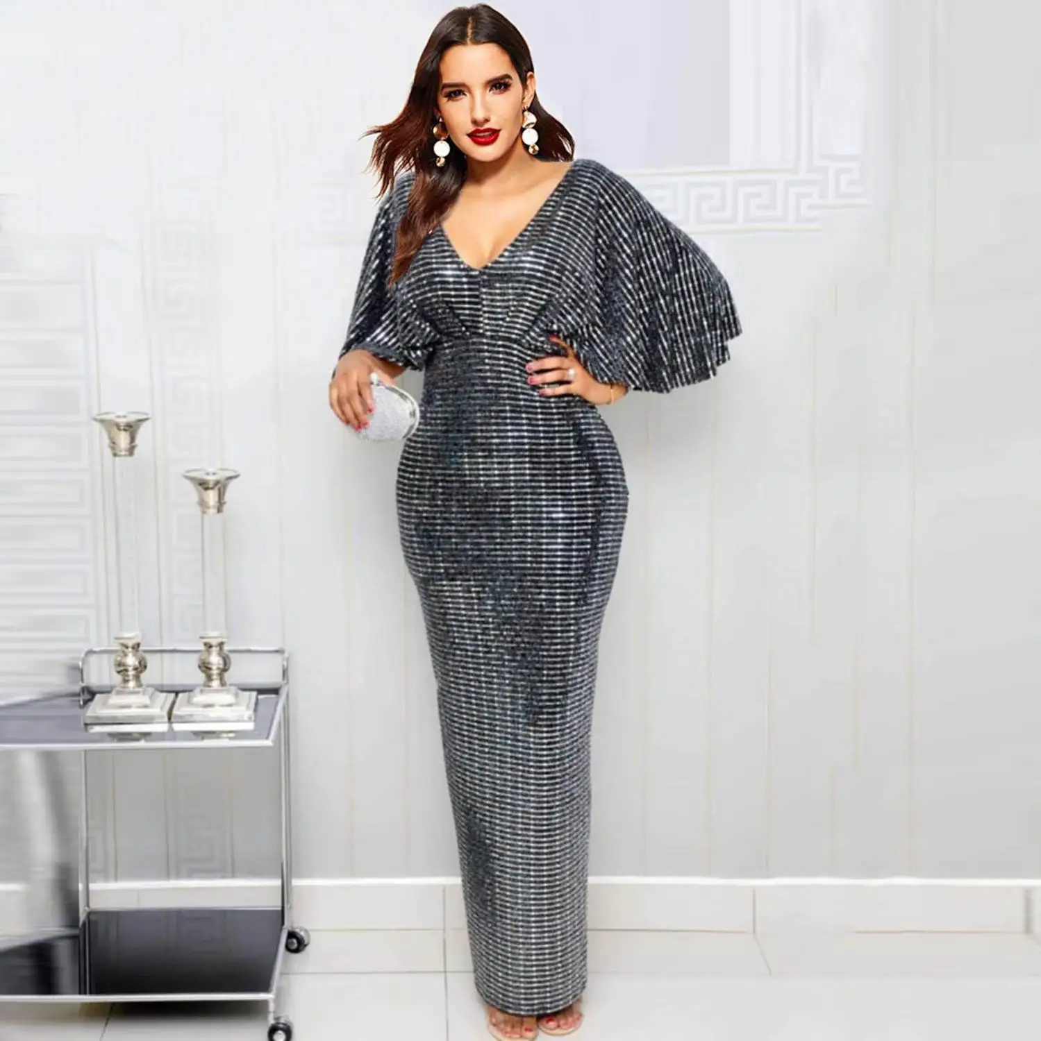 Женские длинные платья-карандаш вечерние платья серого цвета в стиле панк с