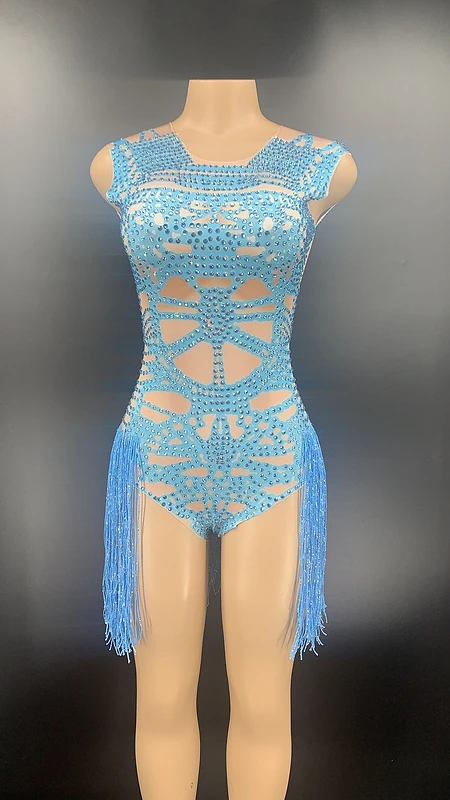 New Style Blue Rhinestone Fringe Spandex Bodysuit Women Dancer DS Party Wear Birthday Bar Singer Show Outfit brown bodysuit